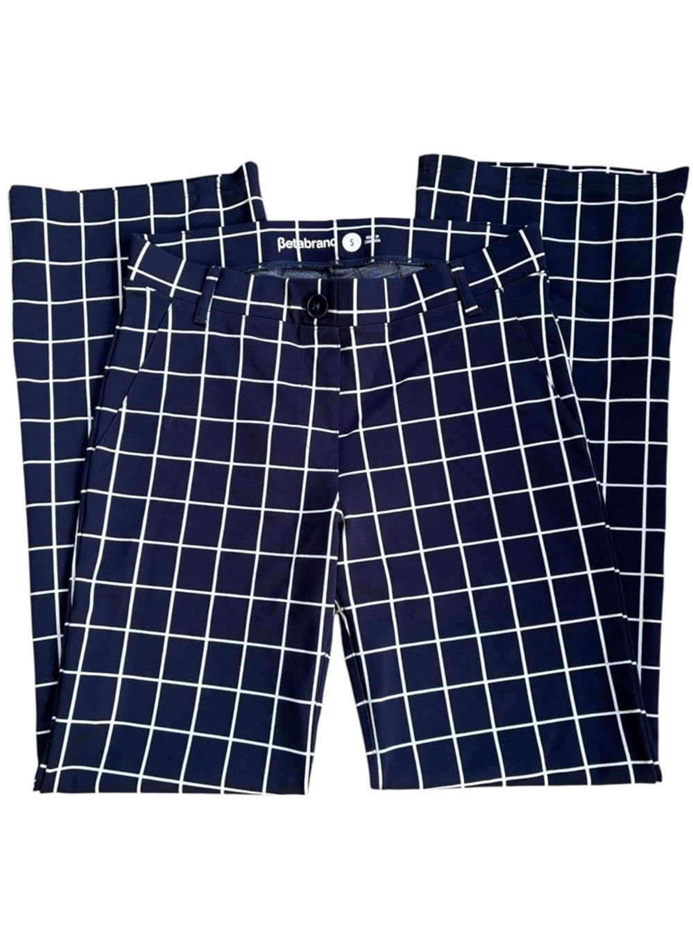 Like New Betabrand Navy White Windowpane Pull-On Stretch Pants Size Small
